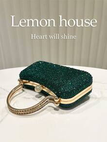 1 pieza Bolso de mano con decoración de cristal de imitación y brillo verde esmeralda, bolso de embrague elegante de moda con correa de hombro de metal, adecuado para fiestas de noche, bodas, galas, apropiado para damas - Verde Oscuro - Ver 5