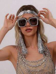 3pcs Disco Glitter Party Outfit Set: Sequin Headband + Rhinestone Sunglasses + Tassel Clip-On Earrings, Suitable For Cosplay, Halloween Party, And Daily Gatherings - Multicolor - View 2