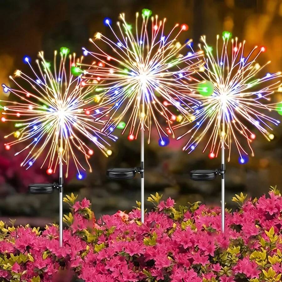 1个太阳能烟花灯，200颗LED灯珠，铜线串灯，适用于圣诞节草坪、小路、花园装饰 - 暖白 - 查看 1