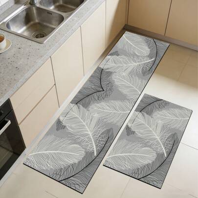 1 pieza Alfombra de gel de sílice para piso de cocina, con un color de base gris de alta calidad combinado con delicados patrones de plumas blancas y gris oscuro en diferentes tamaños y líneas, presentando un diseño moderno, ligero, elegante y minimalista.