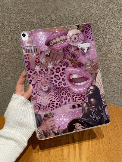 1个豹纹和红色嘴唇闪光图案透明防震保护壳，Y2K性感奢华设计，适用于所有系列（包括11代/10代/Mini 5/6/Air/Air2/Mini 4/9.7英寸/Pro 12.9英寸/13英寸 M2/M4/M3 2024-2025/A16），是送给女孩生日和情人节的绝佳礼物，平板电脑配件