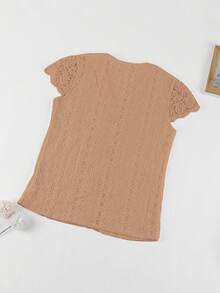 V-Neck Lace Patchwork Hollow Out Embroidery Front Button Spring/Summer Short Sleeve Top Vacation - Coral Orange - View 2