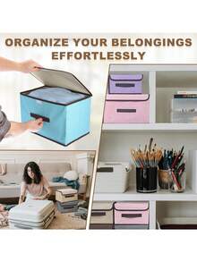 1pc Dustproof Linen Fabric Storage Box With Handle, Foldable And Stackable, Suitable For Storing Toys, Books, Cosmetics, Perfect For Wardrobe, Bedroom, Living Room, Kids Room, Dorm, Office, Apartment - Khaki - View 4