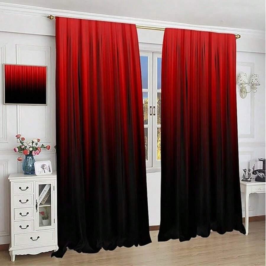 2pcs Modern Black And Red Colorblock Curtains - Fashionable Grommet Top Design, Translucent Polyester Fabric, Machine Washable, Suitable For Living Room, Bedroom, Kitchen, Semi-Sheer