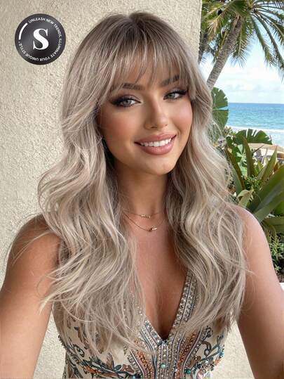 20 Inch Ombre Wavy Wig With Bangs, Lightweight Synthetic Fiber Wig For Women, Suitable For Daily, Office, Party, Halloween, Christmas, Thanksgiving, Wedding, Prom, Date, Birthday, Vacation, Natural Looking And Comfortable