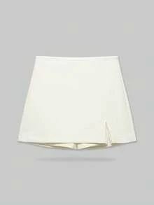 YROOE Women's Comfortable Casual Asymmetric Hem Slit Mini Skirt, Spring/Summer & All Season - Off White - View 8