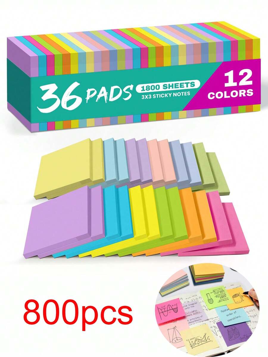 800张便签纸，36张，3x3英寸自粘便签纸，非常适合整理办公、学习和日常生活——色彩鲜艳，高品质粘合剂设计，牢固粘贴不易脱落。