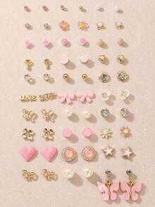 30pcs/Set Minimalist Bow, Flower, Pearl & Metal Cute Sweet Style Earrings Set For Girls - Nhiều màu - Xem 6
