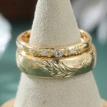 Bộ 2 chiếc nhẫn nữ thiết kế lá cây thời trang và thanh lịch, đính đá zirconia tổng hợp, thích hợp làm nhẫn đính hôn hoặc nhẫn cưới. - Vàng - Xem 3