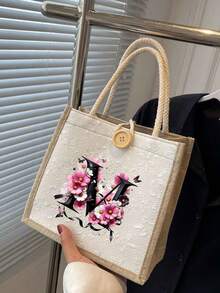 1个简约字母印花帆布手提袋，多功能便携教师手提包，女士礼物，毕业礼物，字母图案礼品袋，大容量印花女士手提包，可重复使用购物袋，适合日常使用、度假、通勤、旅行 - 彩色 - 查看 5