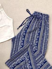 Bộ 2 món dành cho nữ: Áo croptop hở lưng thanh lịch và quần ống rộng in họa tiết Bohemian, chất liệu vải co giãn vừa phải. - trắng - Xem 4