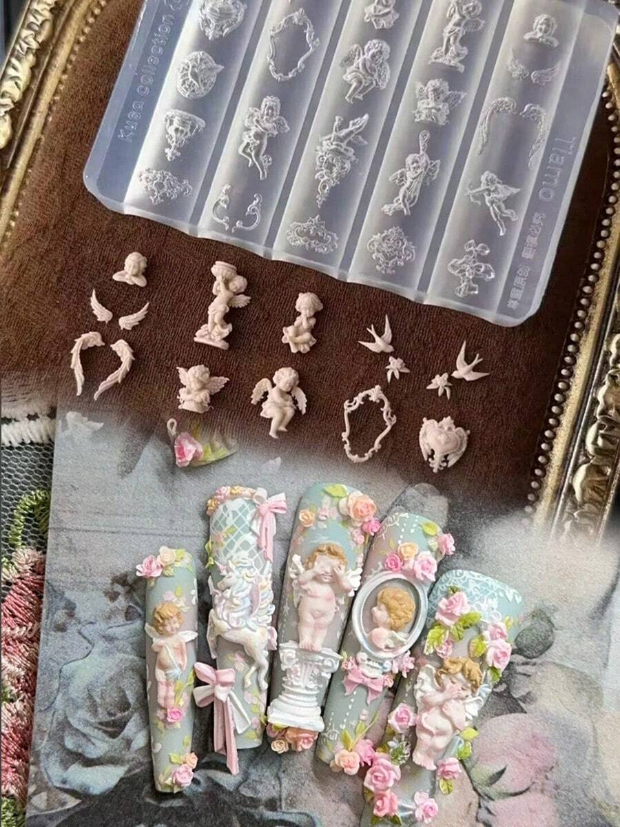 1件百合花美甲雕刻模具，浮雕莲花花瓣图案设计模板，DIY美甲贴纸印花工具，美甲用品，适用于美甲贴纸 - 無色 - 查看 1
