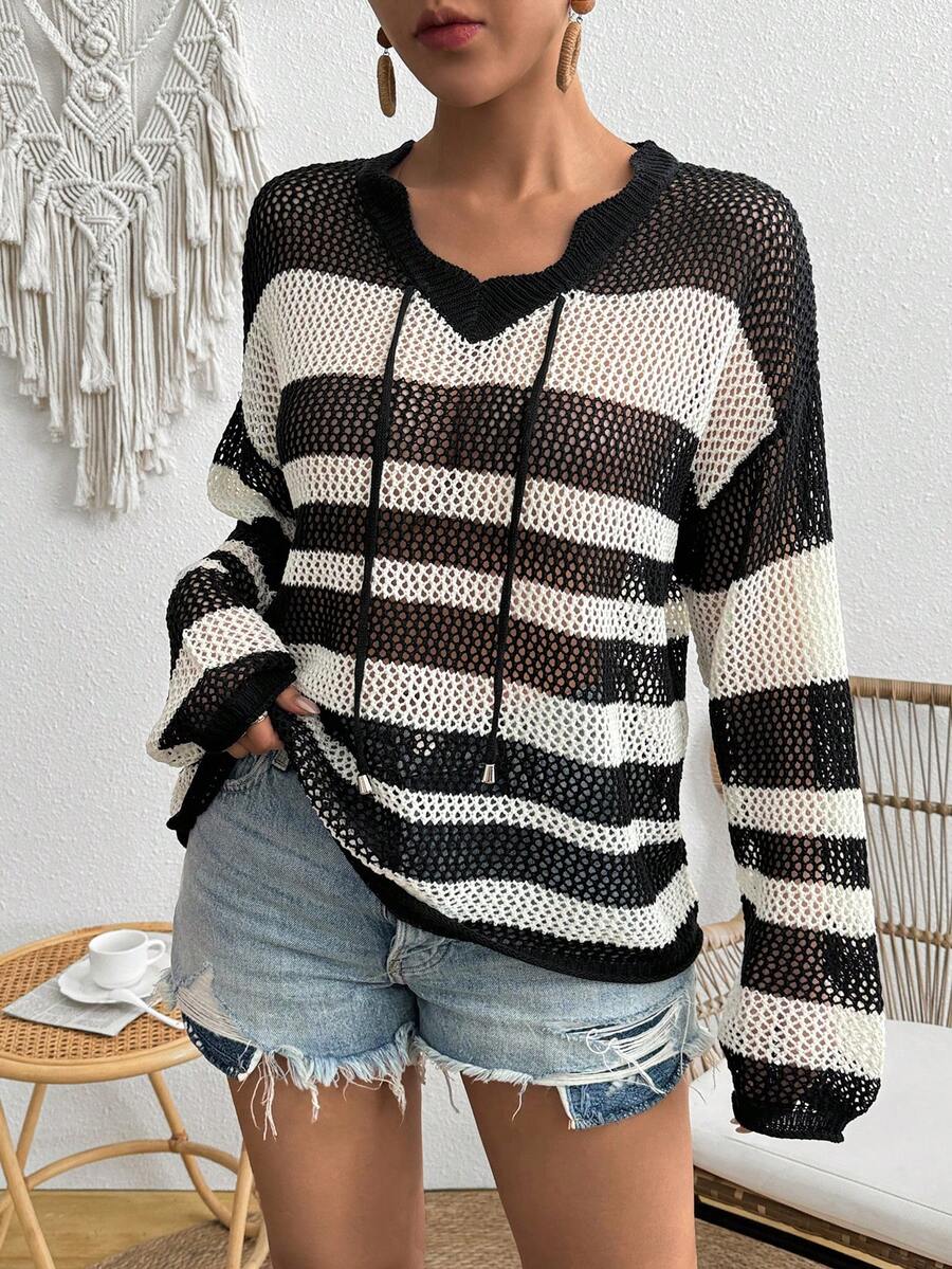 Suéter de punto con diseño de rayas y calado para mujer, con diseño de lazo, ajuste holgado casual, manga larga, ligero y protector solar, de moda y versátil para el verano en color negro