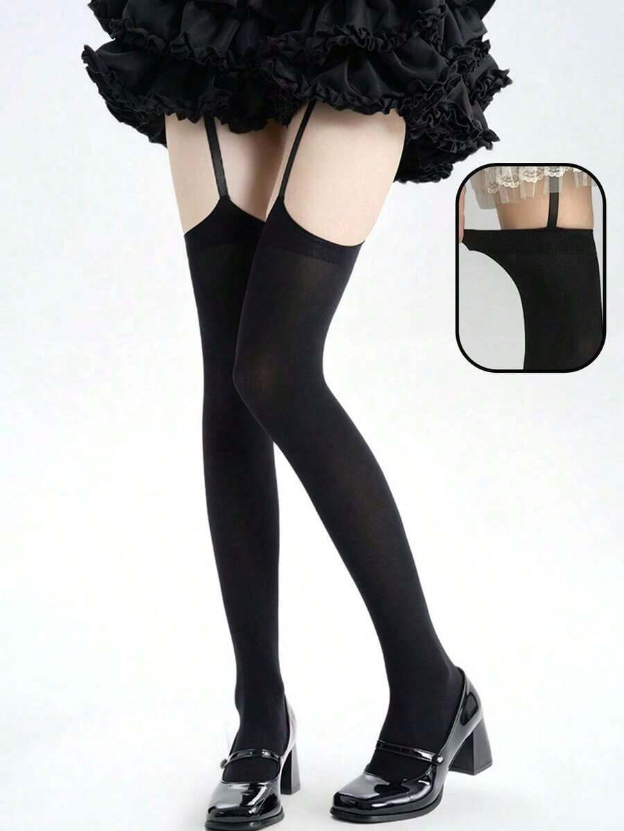 1pc Y2K Punk Style Suspender Socks, Sexy Dark Thigh High Stockings, Slim Fit - trắng - Xem 1