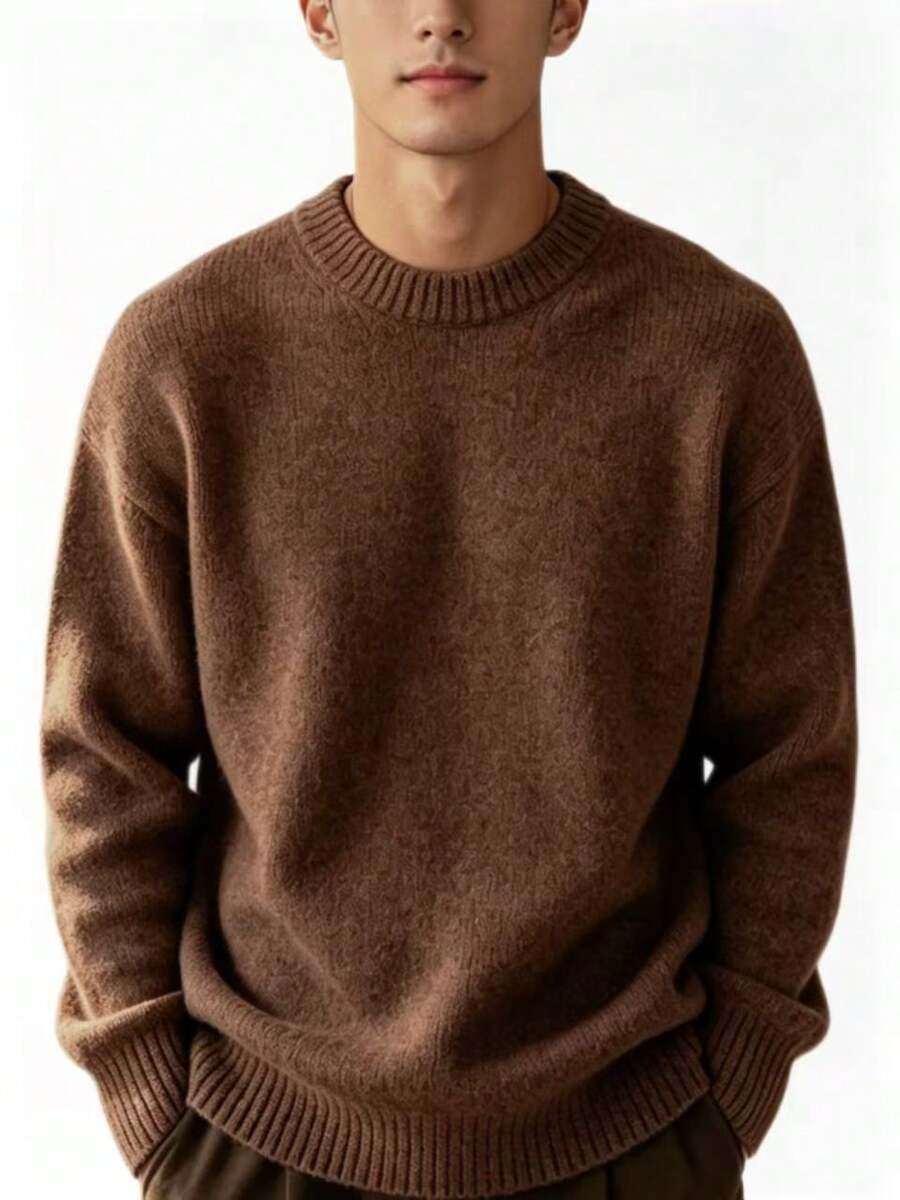 Classic Basic Crew Neck Sweater, Solid Color And Versatile. - Café integral - Ver 1