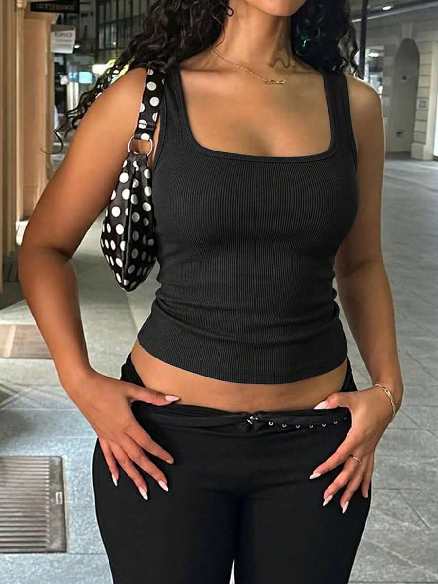 Vaiaye 女士方领无袖吊带背心，性感复古细肩带背心，沙滩度假T恤，女士健身服，适合日常穿着、工作通勤。 - 黑色 - 查看 1