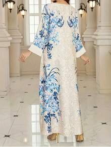 Đầm Abaya dài tay in hoa thanh lịch dành cho nữ, màu be nhạt với hoa xanh và trắng, kiểu dáng truyền thống duyên dáng. - Màu be - Xem 3