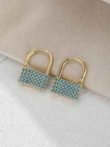 ZHIXUN 1 Pair Elegant French Inlaid Imitation Turquoise U-Shaped Locking Earrings,Luxurious Design, For Women's Daily,Holiday,Party Wedding Accessories - Earring 1 - View 5