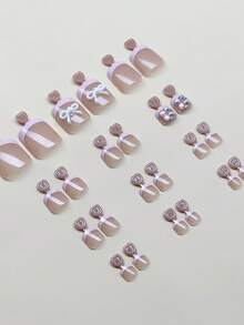 24pcs Press-On Fake Nails For Toes, French Nails, Nude Toes Nails, Bow Decoration Nails,AB Sparkling Rhinestone Decorative Nails,Wearable Nail Art Halffinished Board For Applying Nails, Full Coverage Glossy Daily Fake Nails, Ladies Reusable, Easy To Wear And Remove, With Jelly Glue And Nail File DIY Nail Supplies, Suitable For Party, Dance Party, Etc. - Pink - View 4