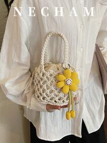 1pc Floral Decor Minimalist Hollow Out Solid Color Handbag, Niche Design Versatile Tote Bag - White - View 1