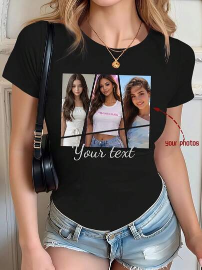 هدية - "تي شيرت كولاج صور 3 شبكات BFF تحميل الصور اليومية + نص BFF تذكاري أسود بأكمام قصيرة" ياقة طاقم علوي كاجوال، العطلات والرياضة