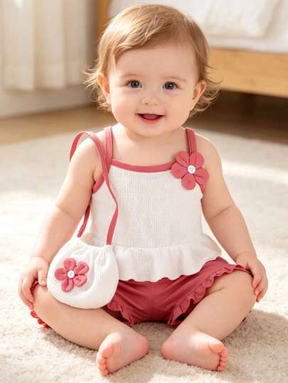 2件套女童休闲可爱时尚柔软舒适优雅3D立体花卉拼接吊带背心和简约运动短裤套装，附赠首饰袋，适合日常穿着、度假、派对、户外活动