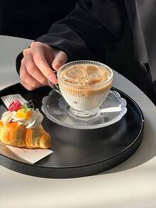 1pc Nordic Ins Retro Embossed Coffee Cup & Saucer Set, Latte Cup, Glass Tea Cup - Multicolor - View 5