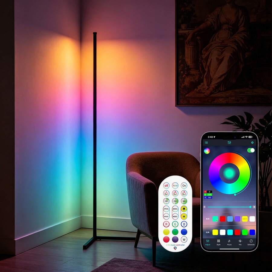 1/2pcs Corner Floor Lamp 61.42" (156cm) Modern RGB LED Mood Lighting With Remote APP Control, Music Sync, Mode, Timer, RGBCW 2700K-6000K Tall Standing Lamp For Living Room, Bedroom, - đen - Xem 1