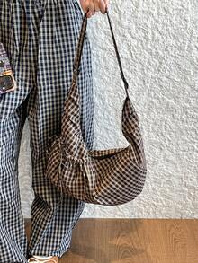 Bolso de hombro y bandolera multifuncional de diseño único de moda, de alta calidad, a cuadros, con cordón y forma de empanadilla, para uso diario y desplazamientos - Marrón - Ver 4