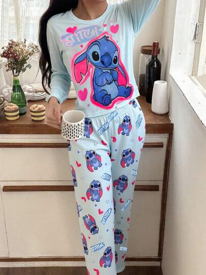 Disney 2pcs Stitch Print Women's Long T-Shirt And Pants Set, Cute Heart Stitch Pattern, Full Print, Stretchy Skin-Friendly Comfortable Casual Suitable For Spring And Autumn