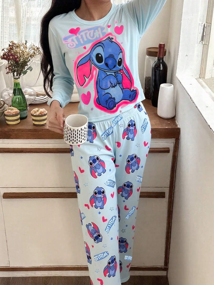 Disney 2pcs Stitch Print Women's Long T-Shirt And Pants Set, Cute Heart Stitch Pattern, Full Print, Stretchy Skin-Friendly Comfortable Casual Suitable For Spring And Autumn - Blue - View 1