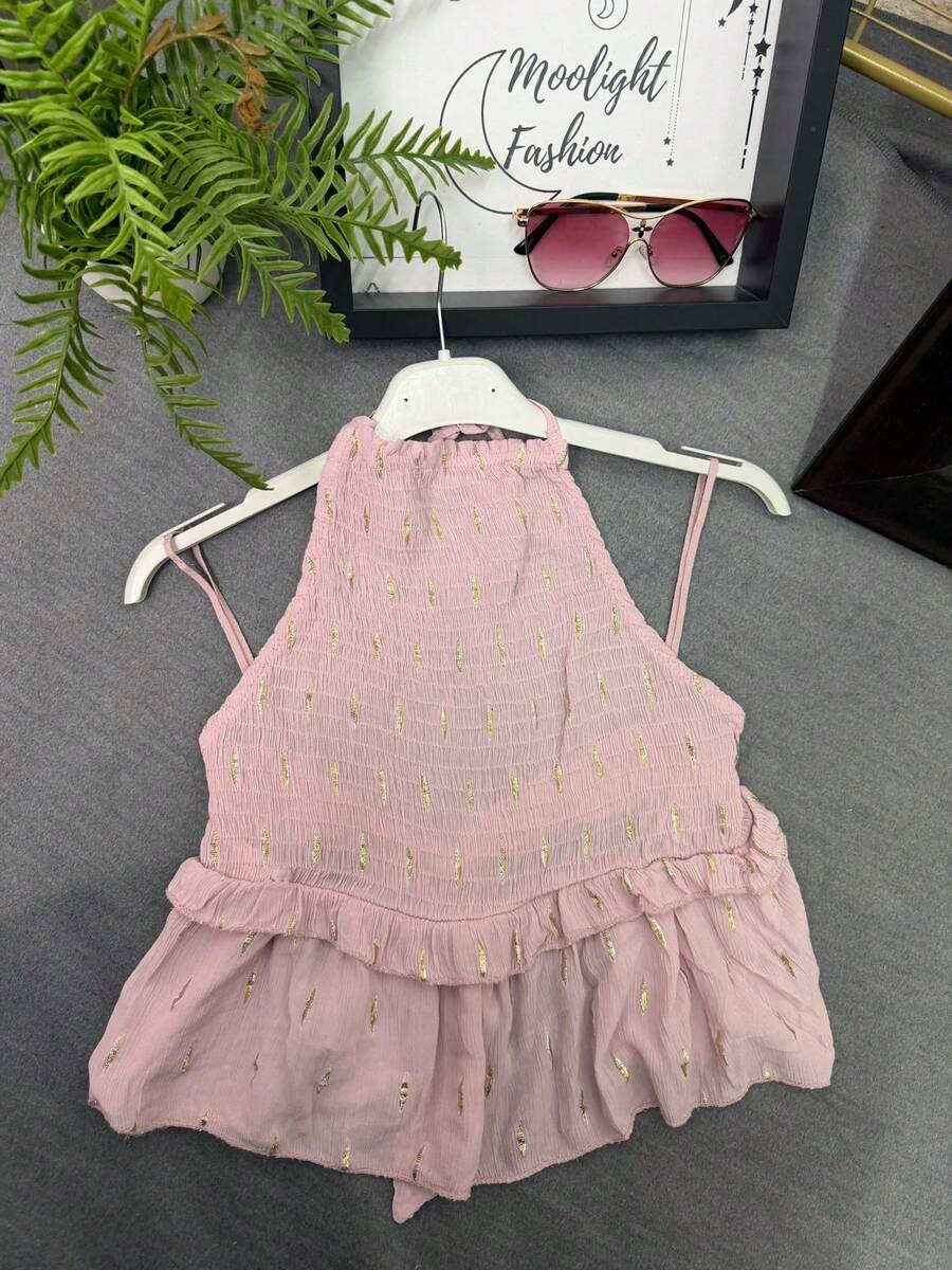 Women's Glitter Party Top With Ruffle Hem For Daily Summer - 粉色 - 查看 1