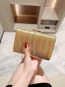 OpulAura Retro Luxury Clutch Bag, Gold Leather Pleated Design Fashion Party Purse, Elegant Box Handbag With Chain Strap, Suitable For Party/Wedding - Vàng - Xem 5