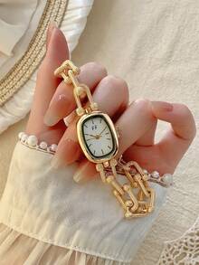 1pc Women's Oval Silver-Black Square Gold-Tone Dial Quartz Casual Watch, Suitable For Daily Wear - White - View 2