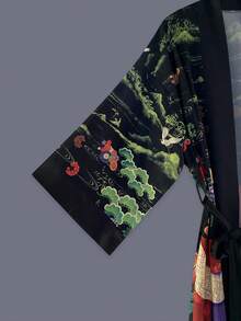 Áo khoác kimono dáng midi tay lửng 3/4 in họa tiết chim hạc và hoa thanh lịch dành cho nữ, thích hợp cho tiệc tùng, dạo phố, thường ngày, đi biển, du lịch, nghỉ dưỡng, áo choàng nhẹ, áo choàng tắm, áo choàng, trang phục biểu diễn khiêu vũ, tiệc lễ hội màu đen. - màu đen - Xem 5