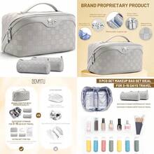 BOYATU - Bolsa organizadora de maquillaje de viaje bolsa de cosméticos: juego de 3 bolsas de maquillaje para mujeres con asa bolsas de aseo de piel vegano bolsa esencial de viaje con compartimentos - 01FGris - Ver 1