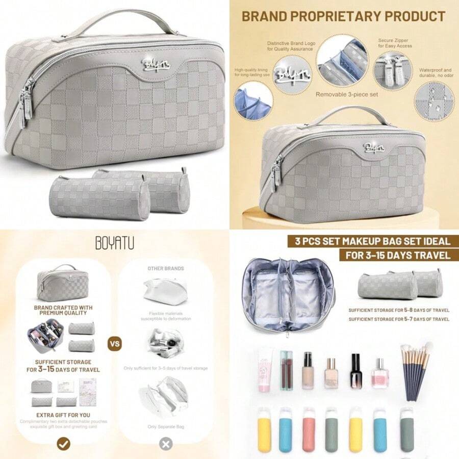 BOYATU - Bolsa organizadora de maquillaje de viaje bolsa de cosméticos: juego de 3 bolsas de maquillaje para mujeres con asa bolsas de aseo de piel vegano bolsa esencial de viaje con compartimentos - 01FGris - Ver 1