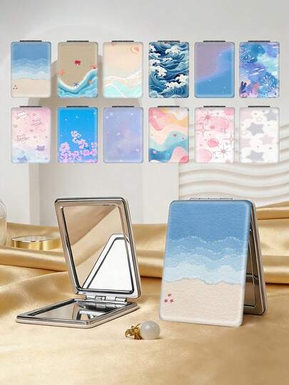 1 chiếc gương trang điểm gấp gọn cầm tay, nhẹ và nhỏ gọn, thích hợp cho bãi biển, du lịch, tiệc tùng, công sở, trường học, đa năng cho mọi lứa tuổi, chất liệu da PU họa tiết đại dương.