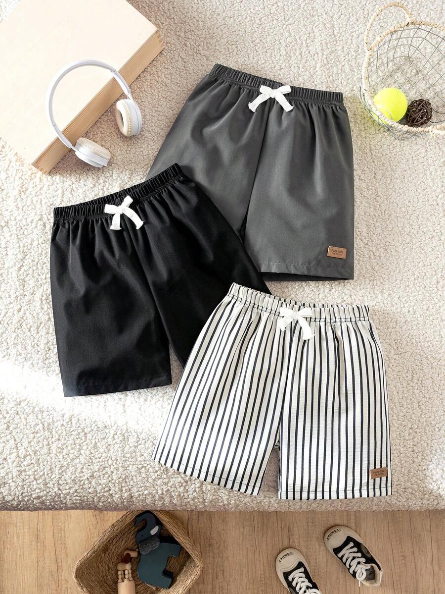 3pcs Boys' Casual Retro Striped Shorts And Solid Black/Gray Sports Shorts, Suitable For School, Vacation, Play, Spring/Summer - Multicolor - View 1