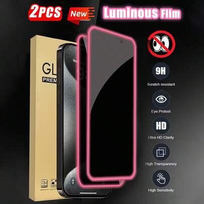 2pcs Tempered Glass Screen Protector With Luminous Design For IPhone 15 Pro Max. Smooth Surface, High Gloss, Reinforced Glass Protection, Air Cushion Night Light Design, Easy To Install, Compatible With Phone Cases, Provides Excellent Night Lighting And Privacy Protection, Suitable For IPhone 7/8/XS/XS Max/XR/11/12/13/14/15/16/17 Series. An Excellent Phone Accessory, Very Suitable As A Gift For Family And Friends.