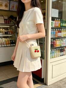 1 chiếc túi đan bằng rơm hình quả anh đào, túi đeo chéo dã ngoại, túi xô nhỏ bằng rơm, ví đựng tiền xu dùng hàng ngày. - A - Xem 5