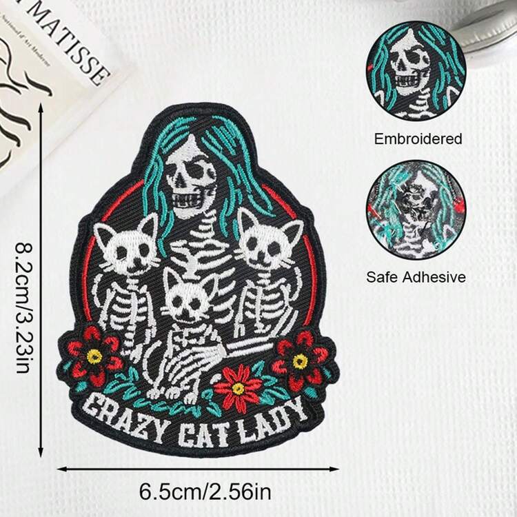 A Crazy Cat Gothic Punk Style Skull Embroidered Patch Suitable For Clothing, Jackets, Hats, And Additions - A - View 2