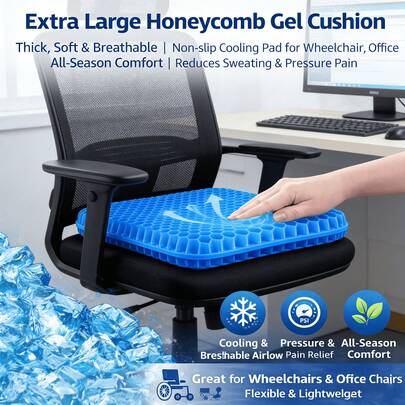 1 miếng đệm ngồi dạng tổ ong bằng gel - Đệm dày, mềm mại, thoáng khí, chống trượt, làm mát, phù hợp cho xe lăn, văn phòng - Giảm mồ hôi và đau nhức do áp lực, dùng được cả bốn mùa, nhẹ, có thể điều chỉnh, thoải mái quanh năm | Thoáng khí