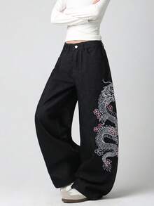 1pc American Street Style Women's Embroidered Loose Wide Leg Jeans Fashion All Season Long Pants Casual Black Fall - Black - View 5