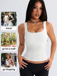 1 pièce Débardeur 4 saisons avec dos en U, 2-en-1 avec sangle porte-gobelet intégrée, débardeur sport décontracté sans dos, polyvalent pour femmes - Blanc - Voir 2