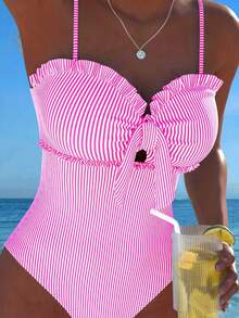 New Fashionable Sexy Elegant Striped Lace Ruffle Bust Bow Detachable Strap One-Piece Swimsuit For Beach, Pool Party, Vacation Pink - Pink - View 3