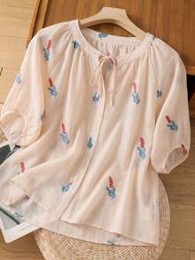 Summer Floral Chiffon Blouse For Mom, Tie Neck Front Button Design, Suitable For Vacation, Daily Wear And Family Gatherings - Beige - View 1