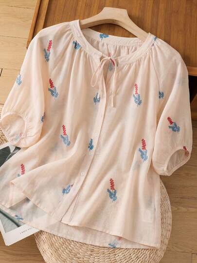 BaoLianDuo Gift For Mom Summer Floral Blouse, Soft Tie Neck Button Front Top For Vacation, Daily Wear And Family Gatherings