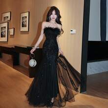 Women's Strapless Dress 2026 New Model Black Sequined Mermaid Tulle Dress For Host, Banquet, Wedding, Art Exam, Birthday - màu đen - Xem 2
