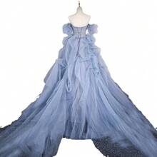 Off-The-Shoulder Evening Dress 2026, Haze Blue, Piano Recital, Coming-Of-Age Ceremony, Wedding Dress, Solo Vocal Performance, Blue Tulle Dress, Art Exam - 霧霾藍 - 查看 6